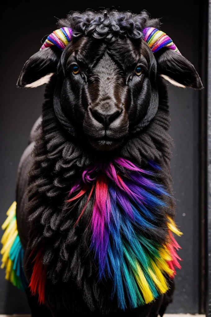 A black sheep sheared and the skin is rainbow