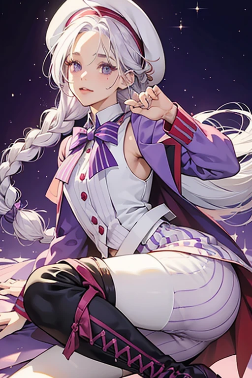 she has with purple eyes and white hair worn in two long braids with an ahoge. sHe also has a mole underneath her left eye that is similar to Austria's. sHe wears a red beret and a white vest with a dress shirt with blue stripes on it. sHe also wears a small bow, purple shorts, tan leggings and boots. SPARKLE; GLITTER