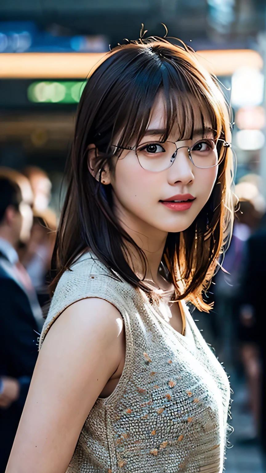 (8K、Raw photo、Highest quality、masterpiece:1.2)、(Realistic、Photorealistic:1.37)、Ultra-detailed、Ultra-high resolution、1 girl、Seeing the viewer、Beautifully detailed face、Laughter、narrow、(Slim waist) :1.3)、shortcut、Beautifully detailed skin、Skin Texture、Floating Hair、Professional Lighting、Waiting for the train on the platform、Black square glasses 、Human whole body、Brown Hair