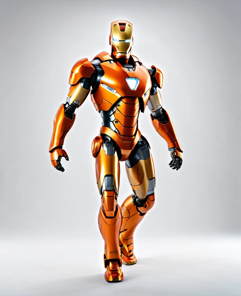 Human 2.0, robot 2.0, orange robot colour, full body, ironman style, symbol white, heroic,