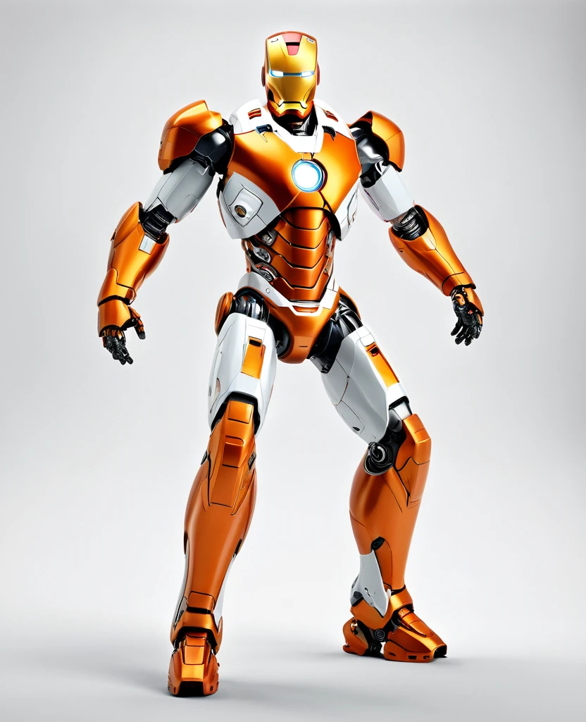 Human 2.0, robot 2.0, orange robot colour, full body, ironman style, symbol white, heroic,