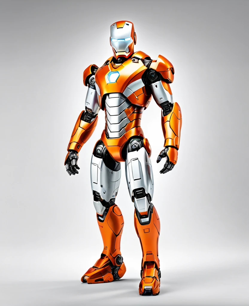Human 2.0, robot 2.0, orange robot colour, full body, ironman style, symbol white, heroic,