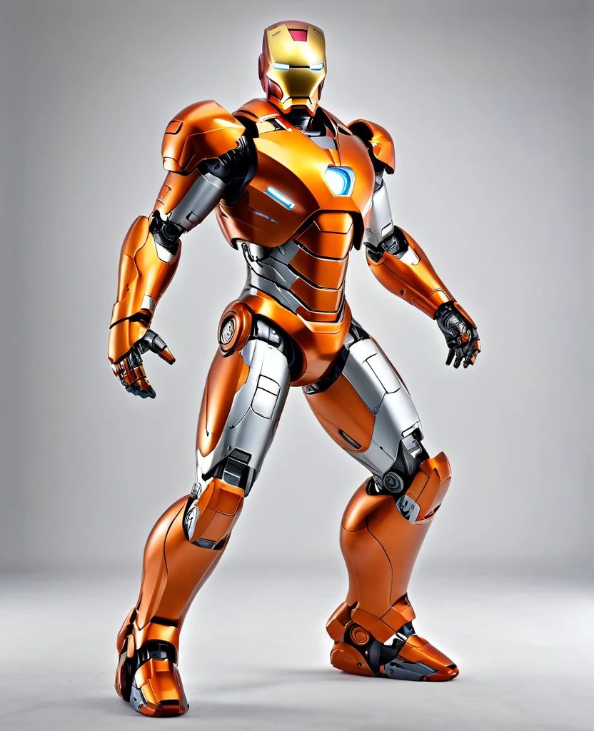 Human 2.0, robot 2.0, orange robot colour, full body, ironman style, symbol white, heroic,