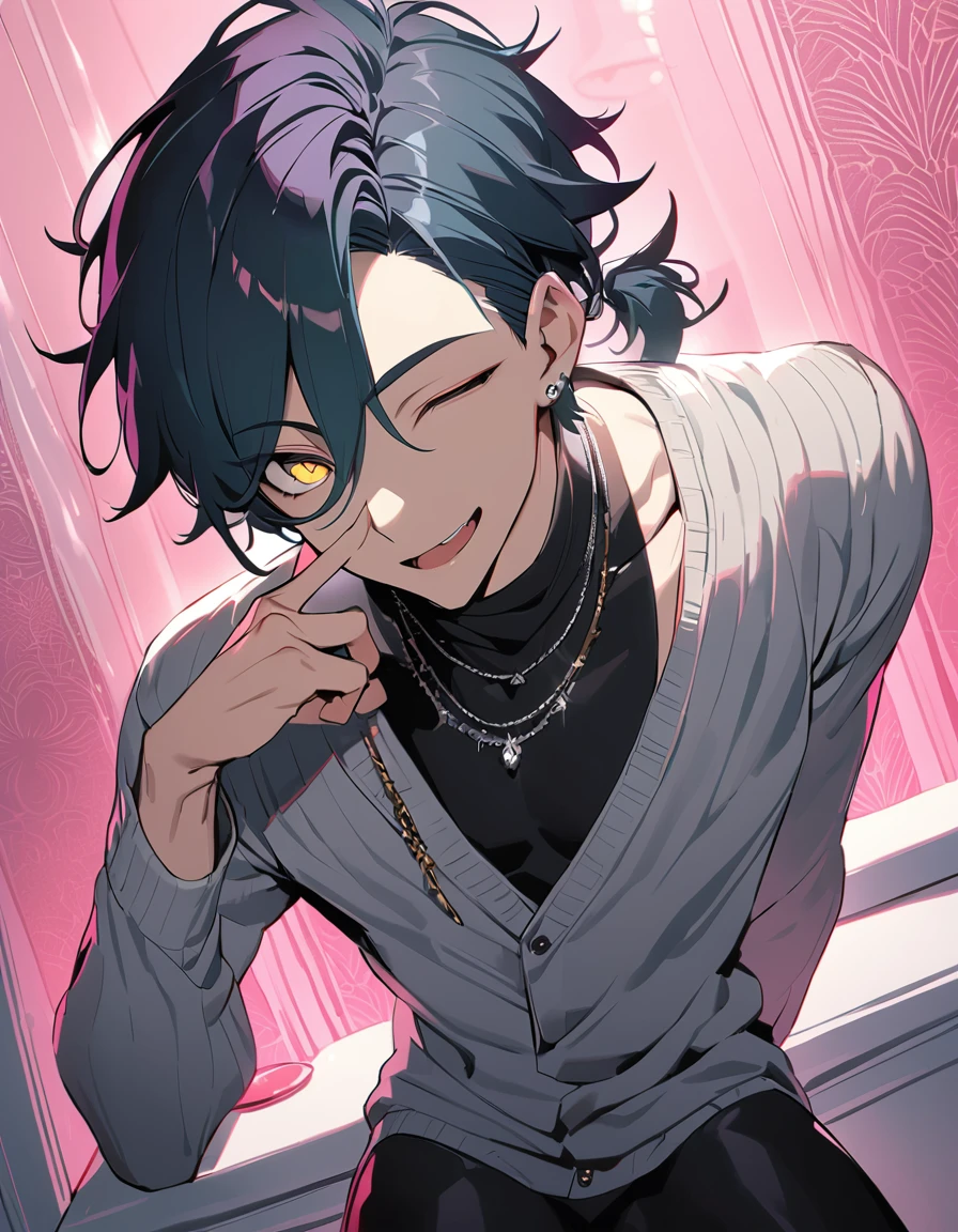 ((((best masterpiece, best quality, wallpaper,)))) solo, guy, male body, small muscles, flat chest, 1male, 30 years old, handsome man, dramatic angle, upper body, looking at viewers, beautiful detailed, finger to mouth, mediumturquoise hair, ((((Lower short ponytail)))), asymmetrical bangs, ((short hair,)) seductive smile, ((( one eye closed, gold eyes,))) (((^o^, tareme, droopy eyes,))) perfect face, sharp nose, seductive smile, clear face, black turtleneck, grey cardigan, ((silver piercing, silver necklace,)) leggings, lighting back, backlighting, pink background color ultrasharp, 8K, masterpiece,