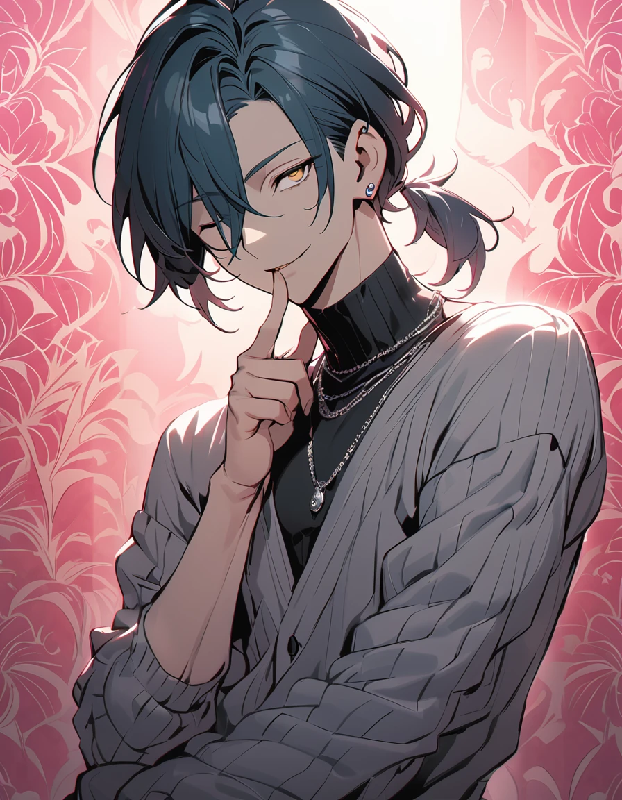 ((((best masterpiece, best quality, wallpaper,)))) solo, guy, male body, small muscles, flat chest, 1male, 30 years old, handsome man, dramatic angle, upper body, looking at viewers, beautiful detailed, finger to mouth, mediumturquoise hair, ((((Lower short ponytail)))), asymmetrical bangs, ((short hair,)) seductive smile, ((( one eye closed, gold eyes,))) (((^o^, tareme, droopy eyes,))) perfect face, sharp nose, seductive smile, clear face, black turtleneck, grey cardigan, ((silver piercing, silver necklace,)) leggings, lighting back, backlighting, pink background color ultrasharp, 8K, masterpiece,