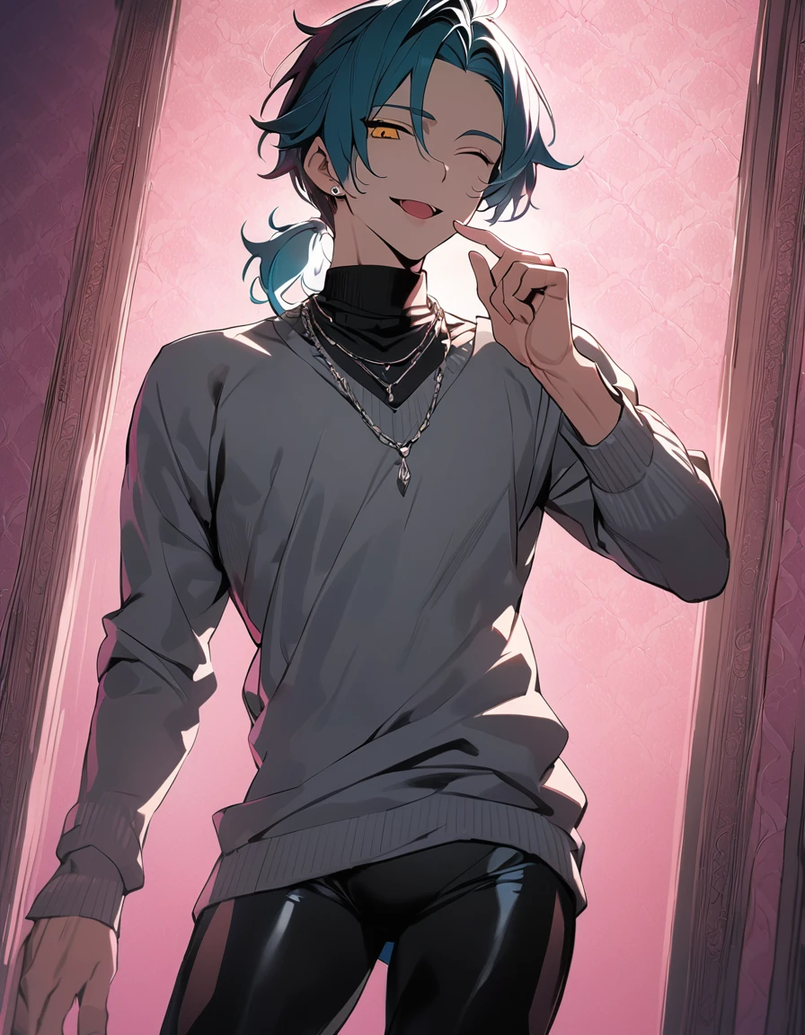 ((((best masterpiece, best quality, wallpaper,)))) solo, guy, male body, small muscles, flat chest, 1male, 30 years old, handsome man, dramatic angle, upper body, looking at viewers, beautiful detailed, finger to mouth, mediumturquoise hair, ((((Lower short ponytail)))), asymmetrical bangs, ((short hair,))  smile, ((( one eye closed, gold eyes,))) (((^o^, tareme, droopy eyes,))) perfect face, sharp nose,  smile, clear face, black turtleneck, grey cardigan, ((silver  piercing, silver necklace,)) leggings, lighting back, backlighting, pink background color ultrasharp, 8K, masterpiece,