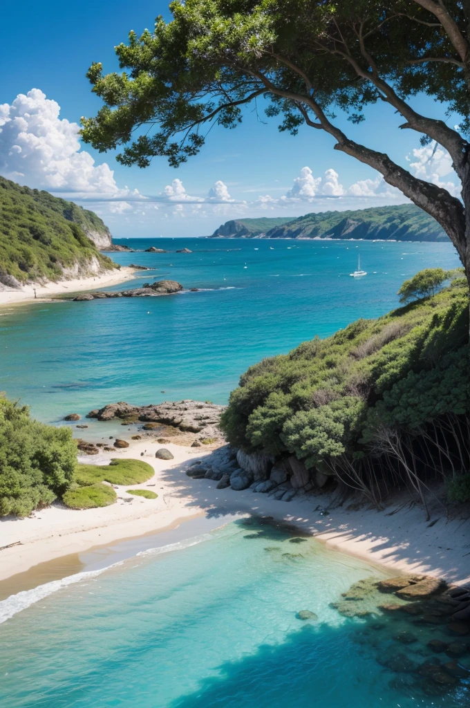 image of the beach with clear water and blue sky, with radiant sun, high detail, Social realism, Realism, En plein air, Realism, god rays, 360 view, UHD, UHD
