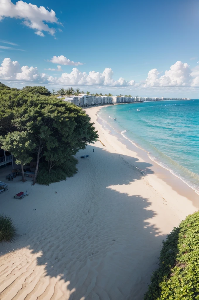 image of the beach with clear water and blue sky, with radiant sun, high detail, Social realism, Realism, En plein air, Realism, god rays, 360 view, UHD, UHD