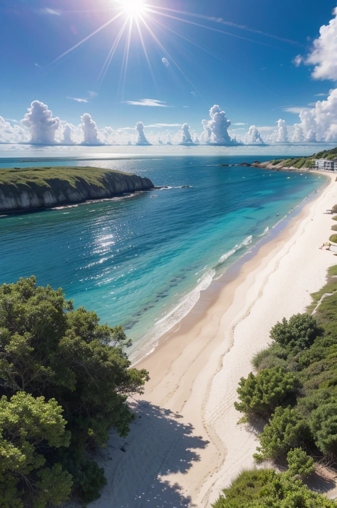 image of the beach with clear water and blue sky, with radiant sun, high detail, Social realism, Realism, En plein air, Realism, god rays, 360 view, UHD, UHD