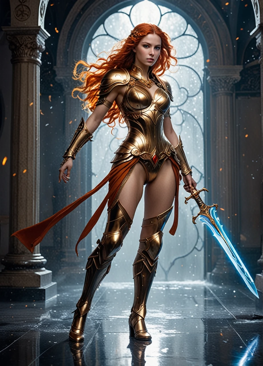 (((full body photo))) HKStyle,Envision a striking woman in battle-worn, (realistic skin:1.5), (beautiful face:1.4), white armor, her presence exuding both strength and grace within a minimalist, pure white sanctum. ((Full body photo,standing, feet on the ground)) Her armor, though predominantly pristine, is artfully adorned with a cascade of celestial motifs and intricate filigree that shimmer with a subtle iridescence. In her hand, a formidable sword with an ornate hilt and a blade that reflects a kaleidoscope of ethereal colors, as if forged from the very essence of light. The wall behind her comes alive with an explosion of vibrant, cosmic paint splatters, reminiscent of a supernova, with hues of deep purples, fiery oranges, and celestial blues that create a stark contrast against the white room and armor. The vivid paint seems to be in motion, ((Full body photo,standing, feet on the ground)) with droplets suspended in the air, capturing the aftermath of a mythical battle. Her stance is one of defiant beauty, eyes that tell tales of ancient wars, her hair a flowing tapestry of gold that catches the light of the surrounding chaos. The scene is imbued with an otherworldly glow, adding a sense of surreal drama to the composition, making it not just a picture, but a story of the cosmos itself woven into the very fabric of her being