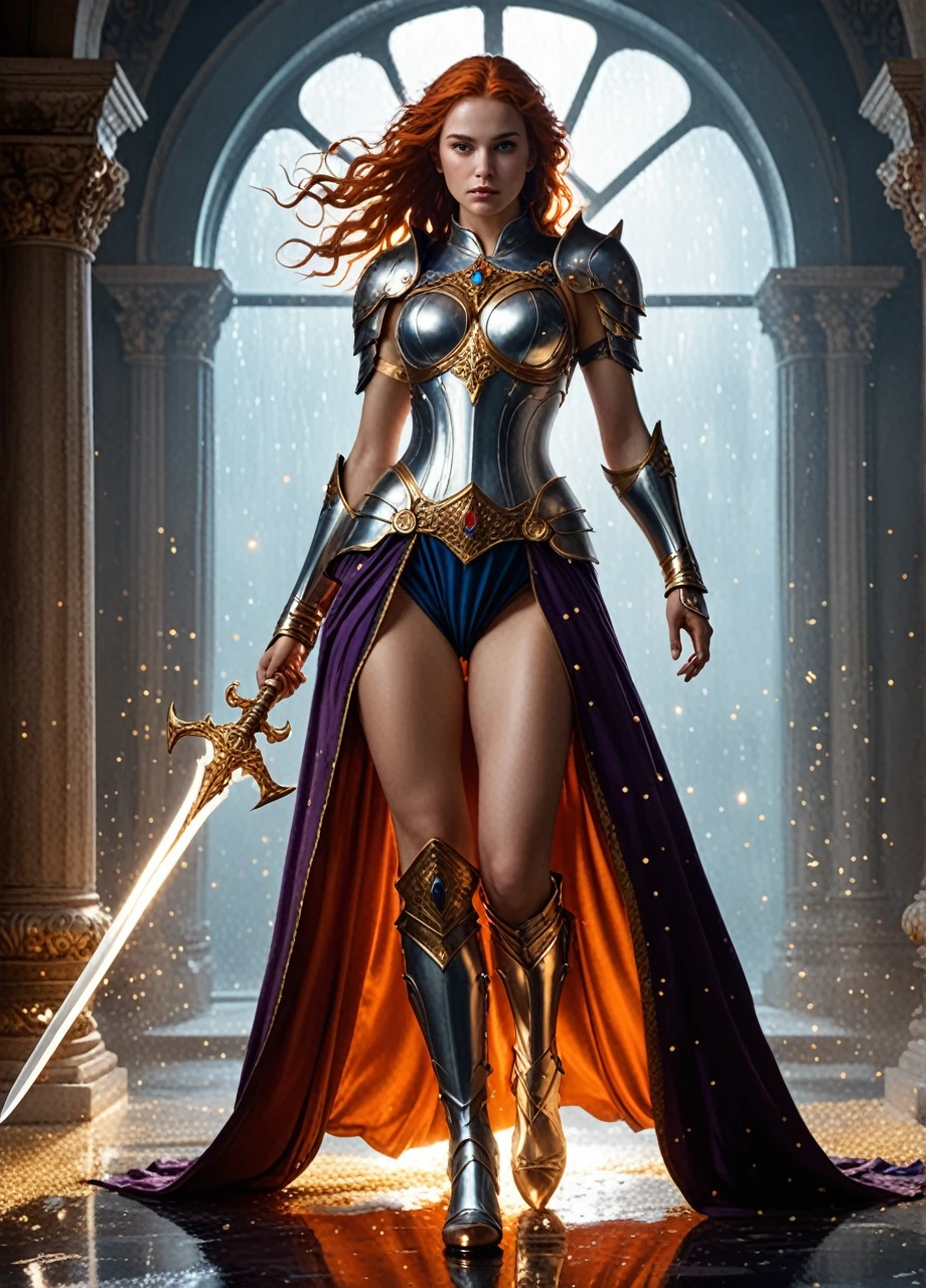 (((full body photo))) HKStyle,Envision a striking woman in battle-worn, (realistic skin:1.5), (beautiful face:1.4), white armor, her presence exuding both strength and grace within a minimalist, pure white sanctum. ((Full body photo,standing, feet on the ground)) Her armor, though predominantly pristine, is artfully adorned with a cascade of celestial motifs and intricate filigree that shimmer with a subtle iridescence. In her hand, a formidable sword with an ornate hilt and a blade that reflects a kaleidoscope of ethereal colors, as if forged from the very essence of light. The wall behind her comes alive with an explosion of vibrant, cosmic paint splatters, reminiscent of a supernova, with hues of deep purples, fiery oranges, and celestial blues that create a stark contrast against the white room and armor. The vivid paint seems to be in motion, ((Full body photo,standing, feet on the ground)) with droplets suspended in the air, capturing the aftermath of a mythical battle. Her stance is one of defiant beauty, eyes that tell tales of ancient wars, her hair a flowing tapestry of gold that catches the light of the surrounding chaos. The scene is imbued with an otherworldly glow, adding a sense of surreal drama to the composition, making it not just a picture, but a story of the cosmos itself woven into the very fabric of her being