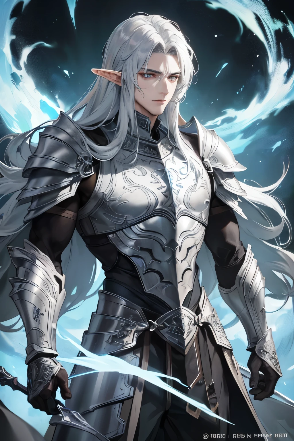 A 30-year-old adult man, adorned in detailed fantasy armor of an anime style, presents a captivating visual treat. His unshaven visage is framed by a silver mane, and his skin, a deep, rich black, adds an enigmatic allure. The armor, a masterpiece of intricate design, features dark mesh relief overlapping armor plates that exude a sense of strength and resilience. This half-elf warrior wears the armor with an air of seasoned elegance, his eyes, as bright and metallic as silver, reflecting a complex mix of wisdom and combat-hardened resolve. Despite the imposing appearance, there's a hint of