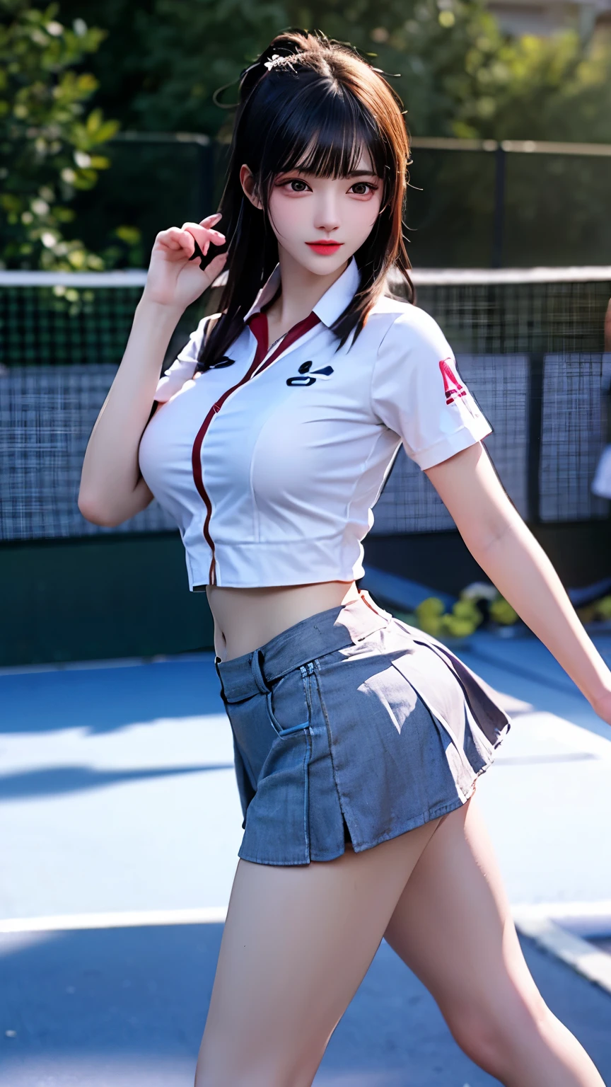 （Very delicate and beautiful：1.2）super model,,Big Breasts,Beautiful breasts,voluptuous,【bike shorts】,,【3girls】,,Highest quality, High resolution, 8K,Kick in a hurry,Tennis Wear.mini skirt