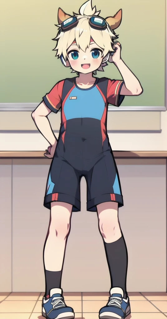Second dimension boy teenager，One-piece mountaineering suit，horn，Cow ears，Put the headphones on your head，stand up，goggles，sports shoes，Slim，White knee socks，Short sleeve shorts，Leg ring，cute，happy，classroom，