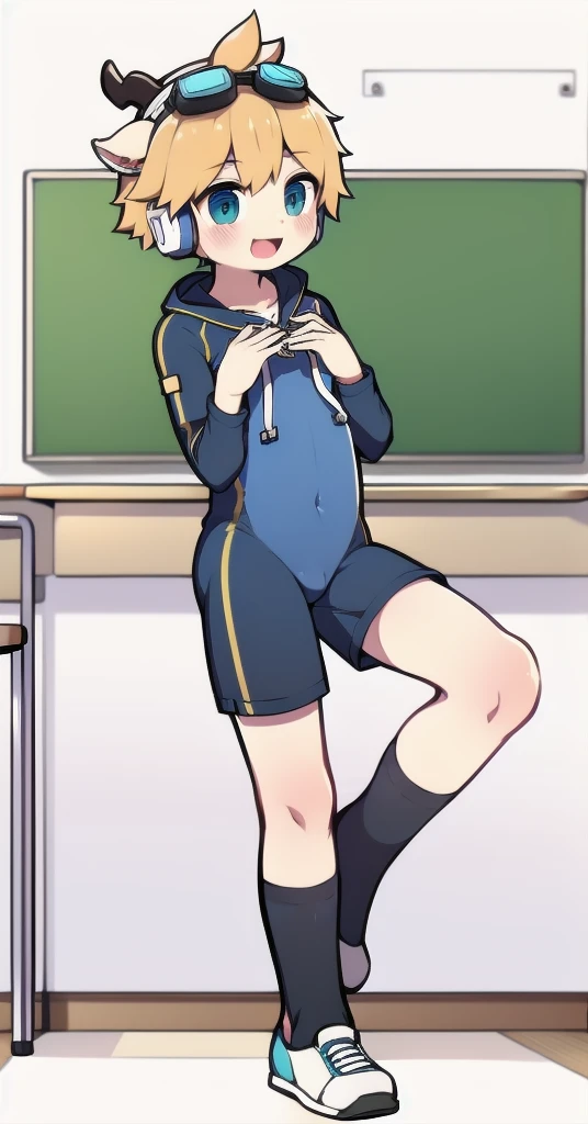 Second dimension boy ager,One-piece mountaineering suit,horn,Cow ears,Put the headphones on your head,stand up,goggles,sports shoes,Slim,White knee socks,Short sleeve shorts,Leg ring,cute,happy,classroom,