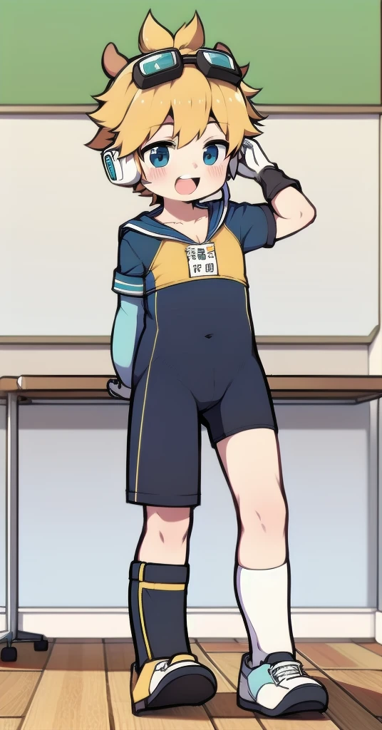 Second dimension boy teenager，One-piece mountaineering suit，horn，Cow ears，Put the headphones on your head，stand up，goggles，sports shoes，Slim，White knee socks，Short sleeve shorts，Leg ring，cute，happy，classroom，