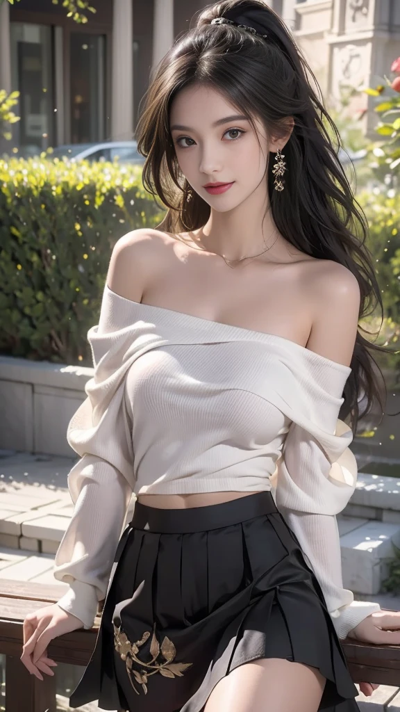 best quality,Super detailed,masterpiece,Employment,8K,Extremely detailed CG unifies 8K, 8K, diamond, and wallpaper，lifelike, Surreal, The original, Intricate details，Detailed face，Exquisite eyes, Skin smooth and soft, Delicate face, Big shining eyes，1 beautiful girl, 18 years old， Super beautiful face details, Smiling shyly, Majestic breasts，nffsw,Best quality:1.4, Photorealism:1.4, Texture:1.4, masterpiece:1.8, 1 female, Hip lift, beautiful eyes, Long hair, Dark circles under eyes, Full breasts，(Show your most beautiful smile to the audience),,Beautiful face,,20 years old,(Beautiful Face 1.4),slim, (Off-shoulder tops:1.2)、(Pleated Skirt:1.2),Sea，garden，bench，fountain， High Ponytail，Hairstyle，