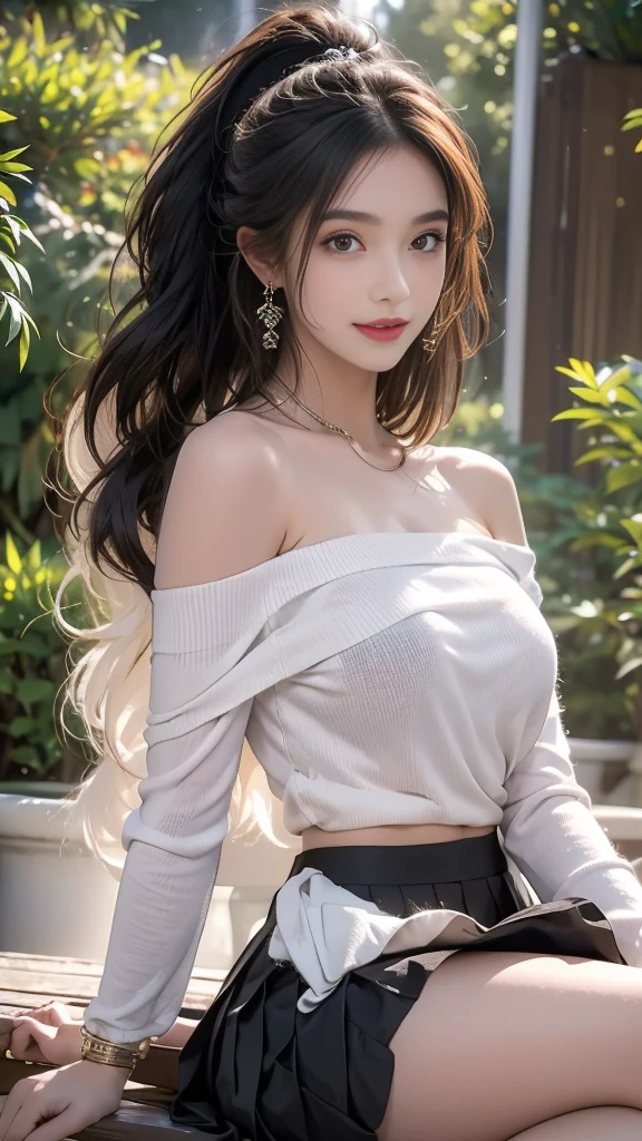 best quality,Super detailed,masterpiece,Employment,8K,Extremely detailed CG unifies 8K, 8K, diamond, and wallpaper，lifelike, Surreal, The original, Intricate details，Detailed face，Exquisite eyes, Skin smooth and soft, Delicate face, Big shining eyes，1 beautiful girl, 18 years old， Super beautiful face details, Smiling shyly, Majestic breasts，nffsw,Best quality:1.4, Photorealism:1.4, Texture:1.4, masterpiece:1.8, 1 female, Hip lift, beautiful eyes, Long hair, Dark circles under eyes, Full breasts，(Show your most beautiful smile to the audience),,Beautiful face,,20 years old,(Beautiful Face 1.4),slim, (Off-shoulder tops:1.2)、(Pleated Skirt:1.2),Sea，garden，bench，fountain， High Ponytail，Hairstyle，