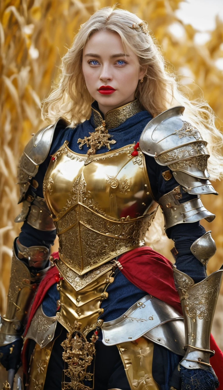 masterpiece,Highest quality,wonderful,(Female Knight_Female Knight:1),(Full body golden armor:1.3), (35歳のFemale Knight:1.3),、Big and ample breasts, Big Breasts,Big Breasts,belly button,Hyper Real,中世ヨーロッパの都市のbattlefieldにいる,Expressionless,、British women、Delicate skin texture to the smallest detail 、(Detailed blue eyes)、(Chubby body type))、(Very large)、Middle-aged women、(ふわふわblondeの長い髪)、Wheat tanned skin、(blonde)、Very large、European Female Knight、Big Breastsの谷間、豪華に装飾されたFull body golden armor、Medieval witch、High Leg、Golden long boots with flashy decorations、Deep neckline、Pure gold and jewellery necklaces and collars、Big gold earrings、Bright red lips、豪華なFull body golden armorを着て、Gold Long Gloves、She has a big long sword、The sword is ornately decorated..........................、The blade is pitch black、(Female Knight)、(battlefield)、