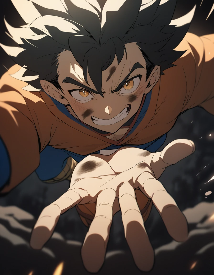 1boy, Goku \(Dragon Ball\), dirty face, super saiyajin, outstretched hand, close-up, cinematic angle, foreshortening, dark, dark background, masterpiece, best quality