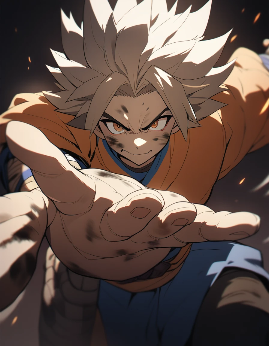 1boy, Goku \(Dragon Ball\), dirty face, super saiyajin, outstretched hand, close-up, cinematic angle, foreshortening, dark, dark background, masterpiece, best quality