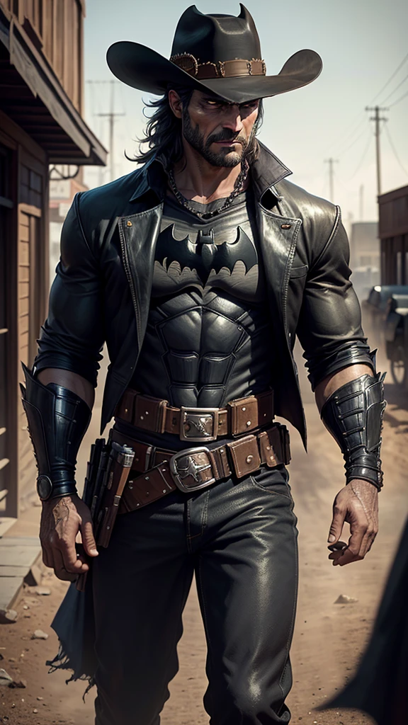 Batman in Wild West style, wearing Cowboys black lather clothes, Cowboys hat and bring a pistol, in cowboy city, cinematic, extreem realistic, extreem detailed, extreem Sharp, super high resolution image, best quality photo,