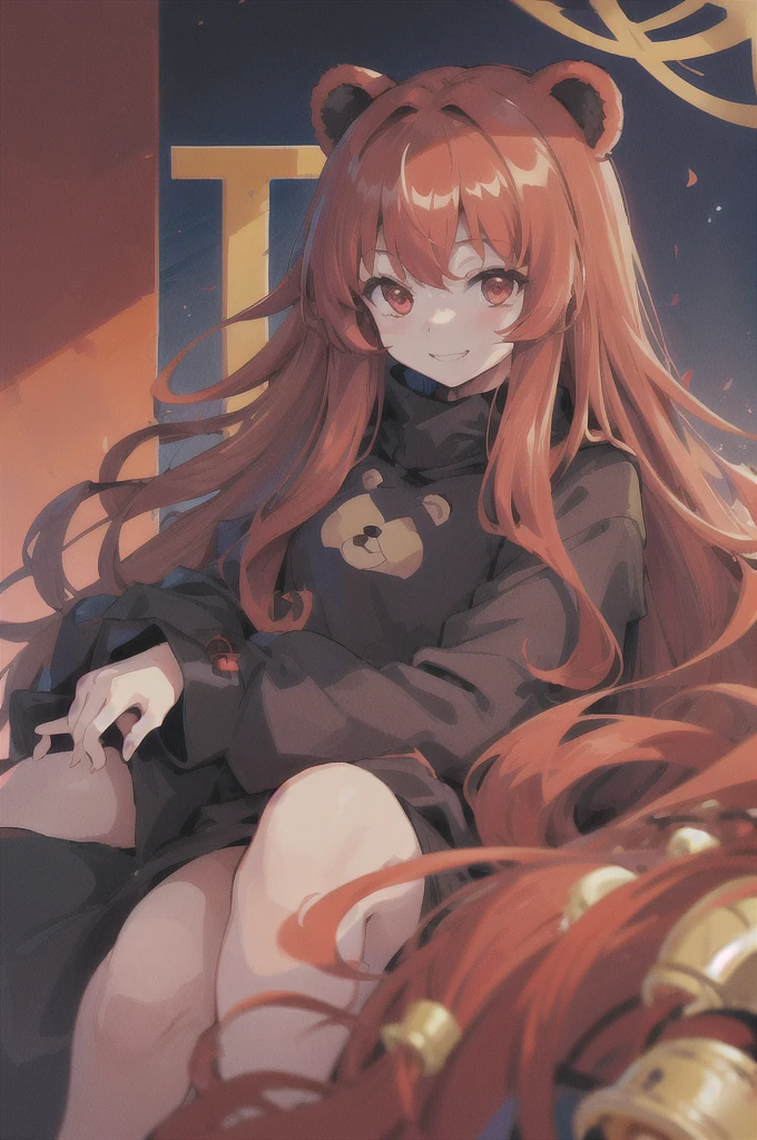 Girl in a bear costume、Hair color is golden、long hair、
Wavy hair、Red eyes、smile