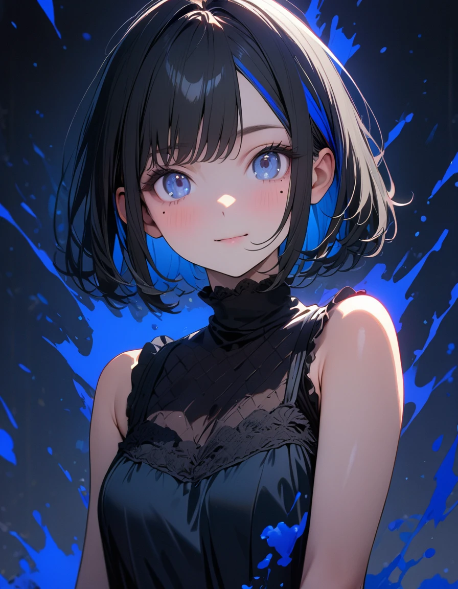 (8K,4K,best quality, master piece: 1.2), super high resolution,1 Beautiful woman,16yo,ultra-detailed face, detailed eyes,blue eyes,mascara,brown eyes,(mole under eye),:>,frilled camisole,(black hair, blue streaked hair),bob cut,looking at viewer,ポートレート,blue splash background