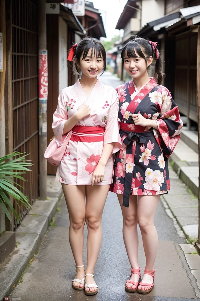 2 girls standing in old-Japanese street,floral pink yukata with red obi,18-year-old,bangs,a little smile,thighs,knees,short hair and low pigtails with red ribbon bow,from before,front light