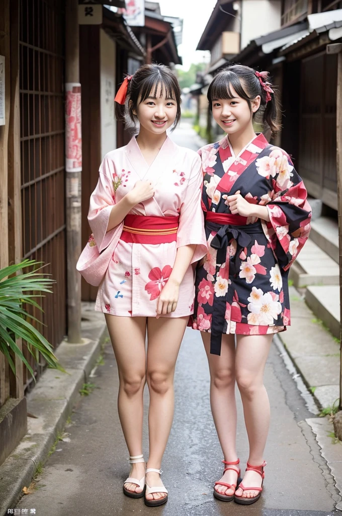 2 girls standing in old-Japanese street,floral pink yukata with red obi,18-year-old,bangs,a little smile,thighs,knees,short hair and low pigtails with red ribbon bow,from before,front light