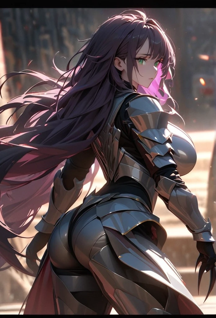 (solo), purple hair, messy hair, mane hair, extra long hair, dense hair, wild hair, expressive hair, mature,(25 year old), pale skin, green eyes, ((man)), wearing a silver armor, armored arms, armored legs, claws,, huge breast, big ass, beautiful, attractive, eye reflection, depth of field, thunder aura,cinematic lighting, ray tracing, depth of field, cinematic lighting, ray tracing, UHD, high details, best quality, highres, high quality, award winning, super detail, masterpiece, 8k, UHD, high details, best quality, highres, high quality, award winning, super detail, masterpiece, 8k, digital art, anime coloring, body shot, good face, perfect face, detailed face, good eyes