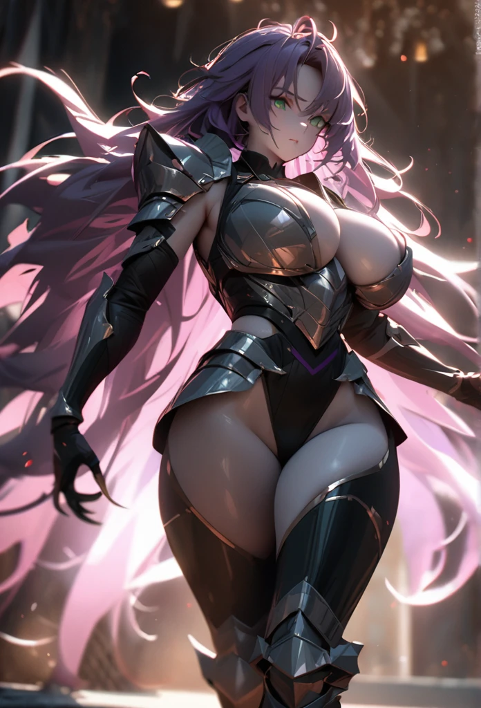 (solo), purple hair, messy hair, mane hair, extra long hair, dense hair, wild hair, expressive hair, mature,(25 year old), pale skin, green eyes, ((man)), wearing a silver armor, armored arms, armored legs, claws,, huge breast, big ass, beautiful, attractive, eye reflection, depth of field, thunder aura,cinematic lighting, ray tracing, depth of field, cinematic lighting, ray tracing, UHD, high details, best quality, highres, high quality, award winning, super detail, masterpiece, 8k, UHD, high details, best quality, highres, high quality, award winning, super detail, masterpiece, 8k, digital art, anime coloring, body shot, good face, perfect face, detailed face, good eyes