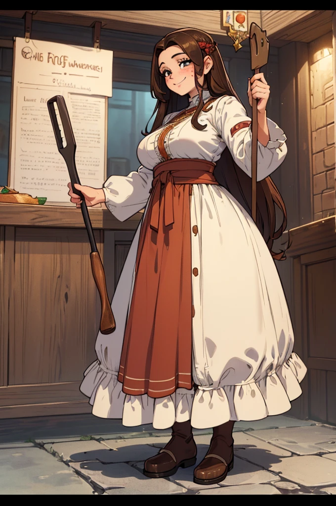 (masterpiece, best quality, high resolution, ((full body, standing,)), ((big breasts)) 1 dwarf woman, (small body), very long messy brown hair, freckles, chubby body,, Full body fantasy innkeeper dress, very long skirt, smile, powerful posture, holding a frying pan in her hands,
