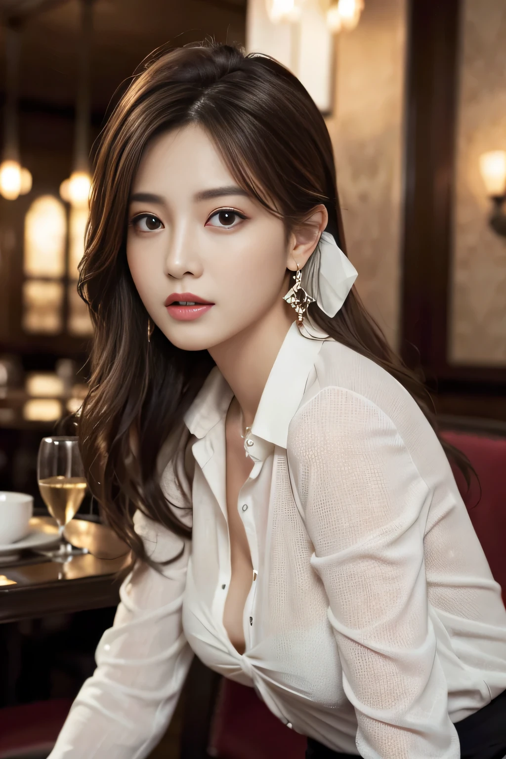 masterpiece, Highest quality, Realistic, Very detailed, Finer details, High resolution, 8k wallpaper, One beautiful woman, Wear an elegant see-through shirt, In a great restaurant, At night, Light brown messy hair, Perfect dynamic composition, Beautiful and beautiful eyes、Big earrings、Sit on a chair、