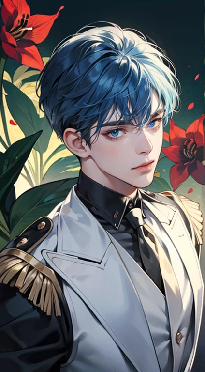 ((masterpiece)),(((best quality))), (detailed light) (detailed shadow), (high quality, breathtaking),(expressive eyes, perfect face), 1man, solo, male, tall, (mature), board shoulder, muscular, short black Quiff hair with Soft Fringe (bangs part on side 3:7 ratio), blue eyes, no smiling, black suit, black tie, Amaryllis flower background, flower petal flying, windy, look at viewer, blue hair.