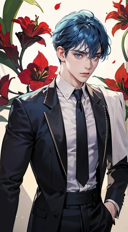 ((masterpiece)),(((best quality))), (detailed light) (detailed shadow), (high quality, breathtaking),(expressive eyes, perfect face), 1man, solo, male, tall, (mature), board shoulder, muscular, short black Quiff hair with Soft Fringe (bangs part on side 3:7 ratio), blue eyes, no smiling, black suit, black tie, Amaryllis flower background, flower petal flying, windy, look at viewer, blue hair.