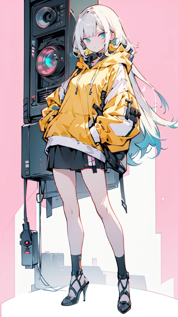 a girl with long yellow hair, blue eyes, wearing an orange hoodie and black heels, in a cyberpunk setting with her hand in her pocket, pink background
