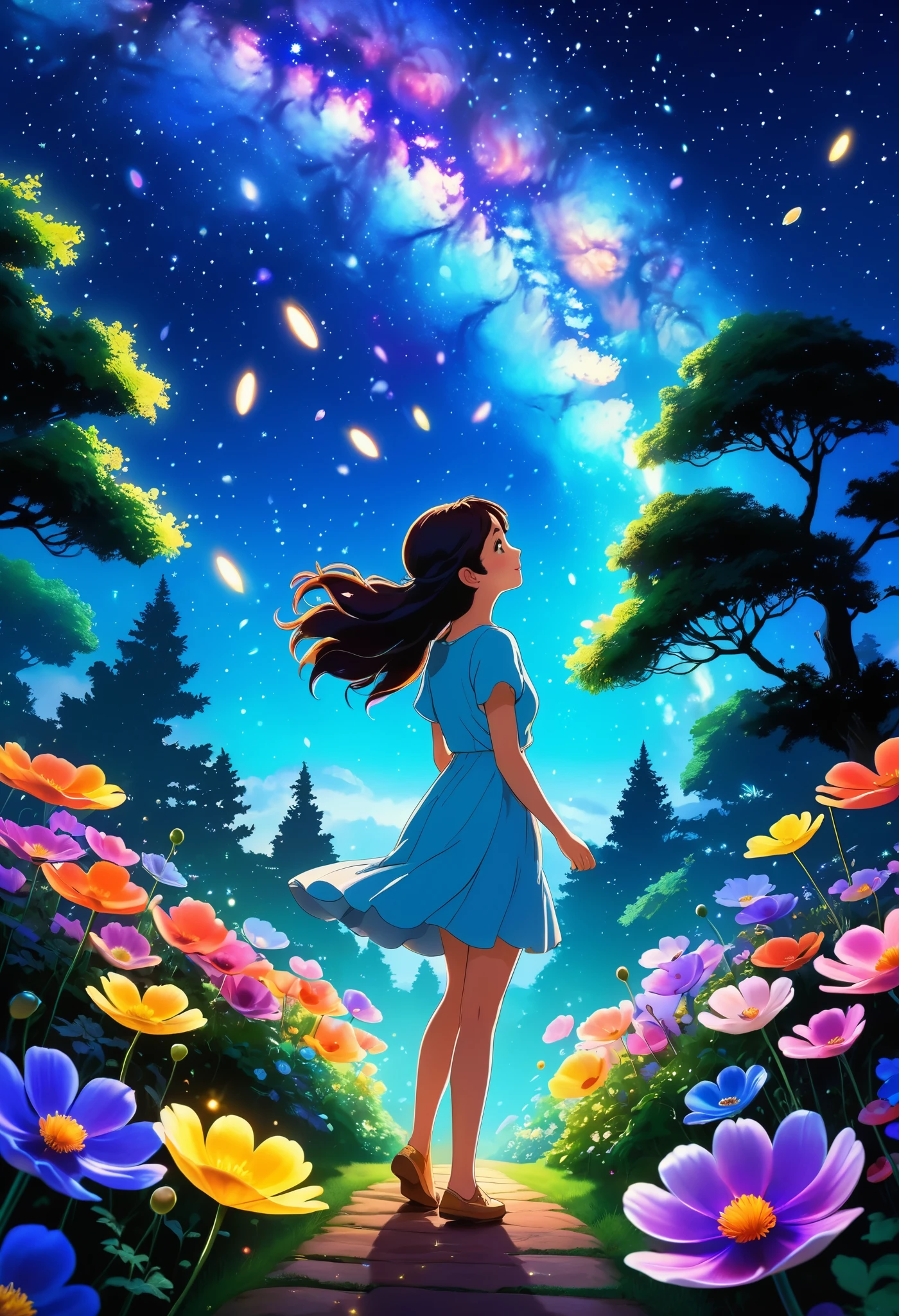 Ghibli style, best quality, high resolution, 8k is very beautiful, Charming Milky Way dazzling starry sky, choreographer, Vibrant Godrej realistic effect, Ultra-fine and brightly colored anemone petals, Glowing leaves , Psychedelic fairy tale garden，Inspired by playful fireflies，Swaying in the beautiful scene