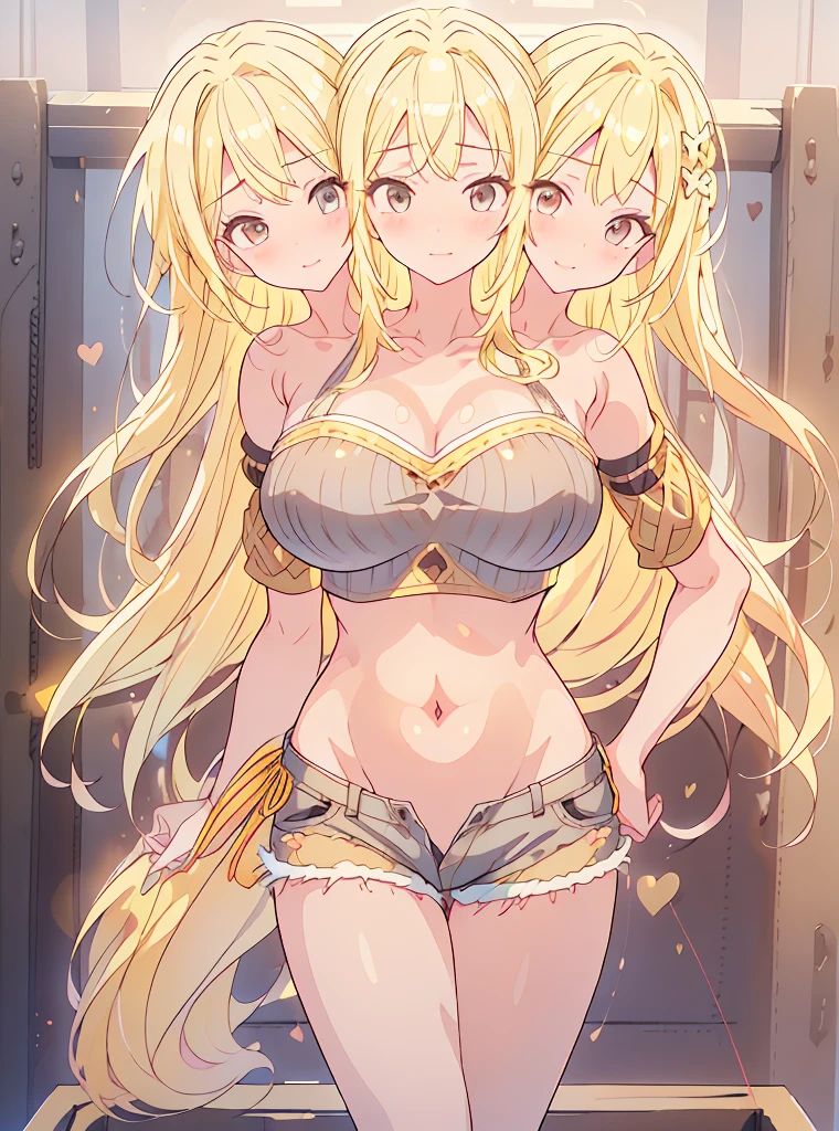 best quality, (masterpiece),(ultra-detailed), (high quality), (high resolution), ((3heads:1.5)), best quality:1.5, highres, UHD, 16K), smiling, highres, masterpiece, ((blonde hair:1.5)), (long hair), blushing, ((cinematic particles)), cowboy shot, ((crop top)), grey shorts, sharp looking eyes ,open breasts, huge tits, open belly, headband
