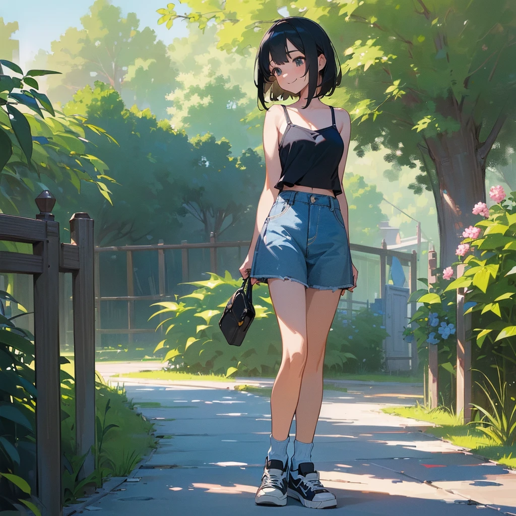 (high quality, High resolution, Very detailed, reality:1.37), Peaceful atmosphere, (Outdoor, garden), Teenage girl standing alone, (my breasts are big.), Beautiful details, Cute Smile, (Black bob hair), camisole, Denim skirt, Blue socks, sneakers.