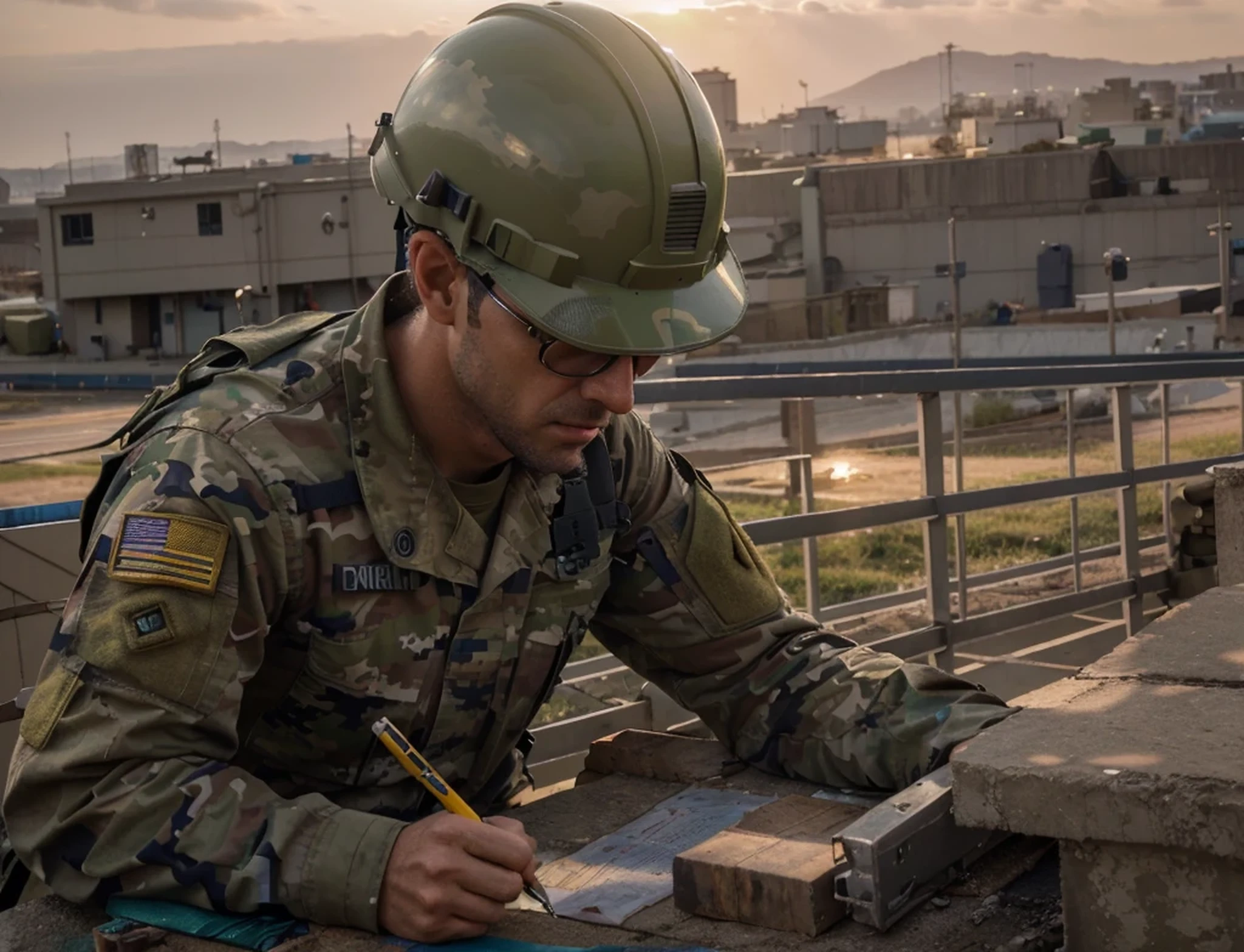 male engineer soldier, Man green camouflage military uniform with blue details, yellow construction helmet with blue details, Man with British features, The man is writing, Background image, exterior, North American military base, beautiful sunset, Ultra detailed, Hyper realistic, 4k, Ultra detailed image, realistic, Highly detailed, perfect composition, beautiful intricately detailed incredibly detailed, 8K fine art photography, hyper detailed, Masterpiece