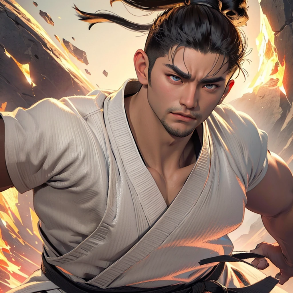detailed portrait of a muscular asian man with spiky black hair, piercing eyes, a strong jawline, and wearing a white karate gi, highly detailed, photorealistic, 8k, hyperrealistic, beautiful lighting, sharp focus, masterpiece