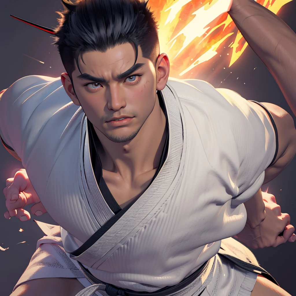 detailed portrait of a muscular asian man with spiky black hair, piercing eyes, a strong jawline, and wearing a white karate gi, highly detailed, photorealistic, 8k, hyperrealistic, beautiful lighting, sharp focus, masterpiece