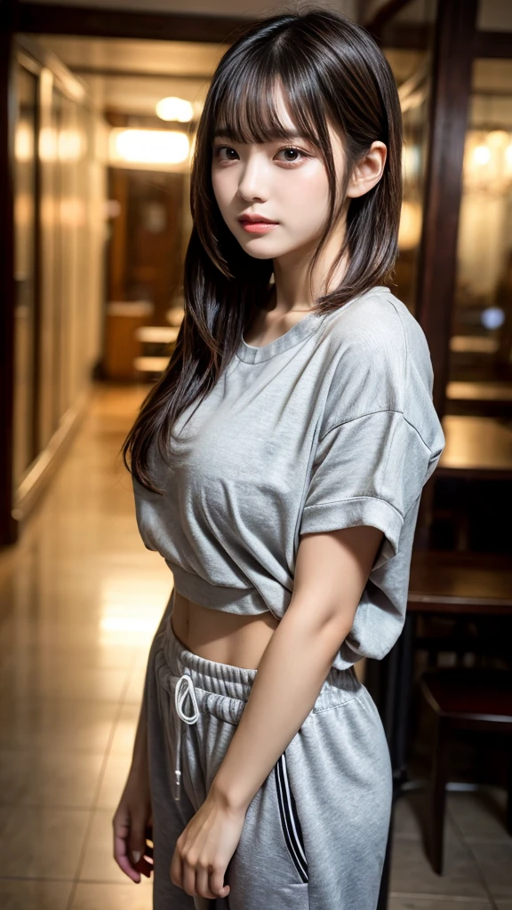 masterpiece, Best Quality, 8K, 20 yo, huge breasts, cuddly, Solo, sad, Cute, Girly, Delicate girl, Neat and clean beauty, Raw photo, Professional Photography, Portrait, Soft light, Professional Lighting, Back lighting, full body, front view, perfect body shape, Sophisticated, Film grain, (Eyes and faces with detailed:1.0), ponytail, short length floating hair, beautiful flowing hair, bangs, Oversized Sweatpants