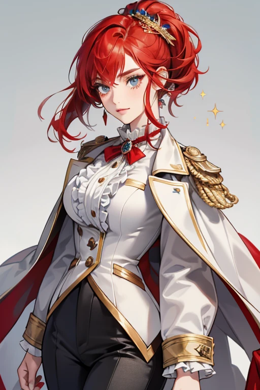 she has ruffled red hair and blue-gray eyes. sHe has a greenish streak of paint across her face she wears dark pants and a white jacket with frilly lapels and large cuffs, which are gray. sHe has a gold apple pin attached to her lapel, SPARKLE; GLITTER