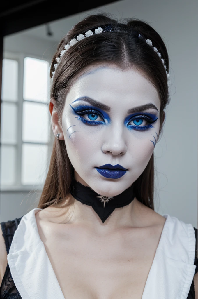 a traditional goth girl with blue eyes, white face makeup and very big eyeliner