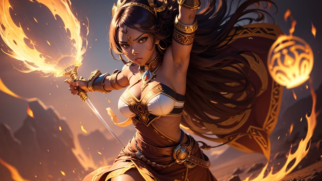 warrior woman, africana, appealing, brown dress, Strength, might, Lumiere, Godlike, elsword, determined