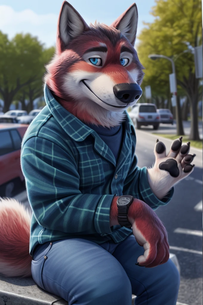 Ivan Fedorovich Wolfbach (Novosibirsk) ,tall handsome, wolf,young, 24 years, brown fur,Kind,(red body:1.3),beautiful blue eyes,Novosibirsk,dressed, plaid shirt, jeans,canine, wolf, detailed fur, male, second, paw pads, finger claws,At the viewer, 5 fingers, paws, 5 fingers, smile, wrist watch, т nextel,by xenoforge, (difficult, high detail, digital photography, soft focus, RAW,goes for a walk, ,Very close to the camera, variety,Novosibirsk, smile, good mood, positive, Very close to the camera, plaid shirt,
Photorealism, realistic, photorealistic, digital style, Subsurface scattering,I look at the viewer,is sitting, looks at the mirror, men's cosmetics, perfume perfumery, plaid shirt,
masterpiece, Best quality, ultra realistic, 8 thousand.)