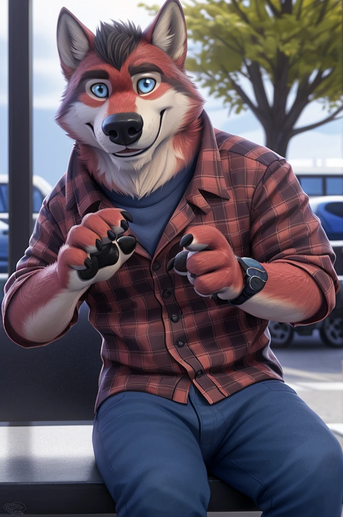 Ivan Fedorovich Wolfbach (Novosibirsk) ,tall handsome, wolf,young, 24 years, brown fur,Kind,(red body:1.3),beautiful blue eyes,Novosibirsk,dressed, plaid shirt, jeans,canine, wolf, detailed fur, male, second, paw pads, finger claws,At the viewer, 5 fingers, paws, 5 fingers, smile, wrist watch, т nextel,by xenoforge, (difficult, high detail, digital photography, soft focus, RAW,goes for a walk, ,Very close to the camera, variety,Novosibirsk, smile, good mood, positive, Very close to the camera, plaid shirt, 
Photorealism, realistic, photorealistic, digital style, Subsurface scattering,I look at the viewer,is sitting, looks at the mirror, men's cosmetics, perfume perfumery, plaid shirt, 
masterpiece, Best quality, ultra realistic, 8 thousand.)