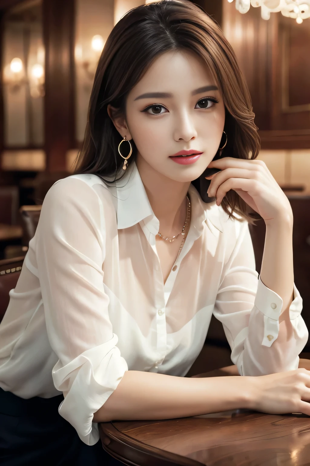 masterpiece, Highest quality, Realistic, Very detailed, Finer details, High resolution, 8k wallpaper, One beautiful woman, Wear an elegant see-through shirt, In a great restaurant, At night, Light brown messy hair, Perfect dynamic composition, Beautiful and beautiful eyes、Big earrings、Sit on a chair、